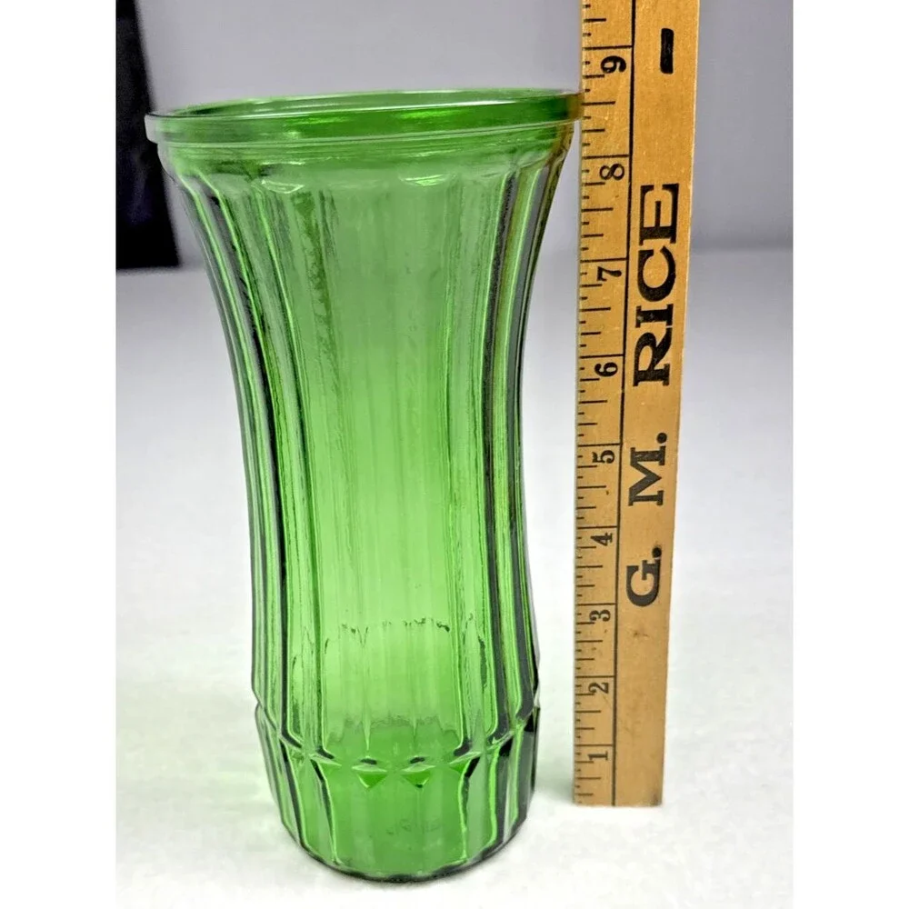 Hoosier Glass 4088-C Green Ribbed Vase Mid Century Art Glass USA Vintage